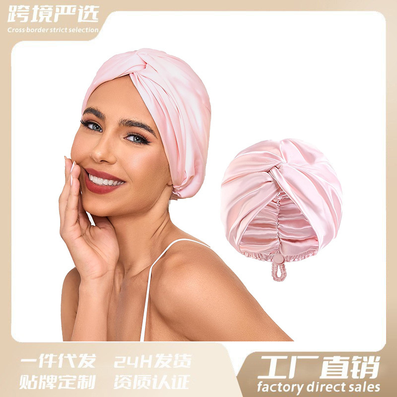 跨境可调节丝绸缎面睡眠发帽 双层设计适用于男女卷发护发帽头巾|undefined