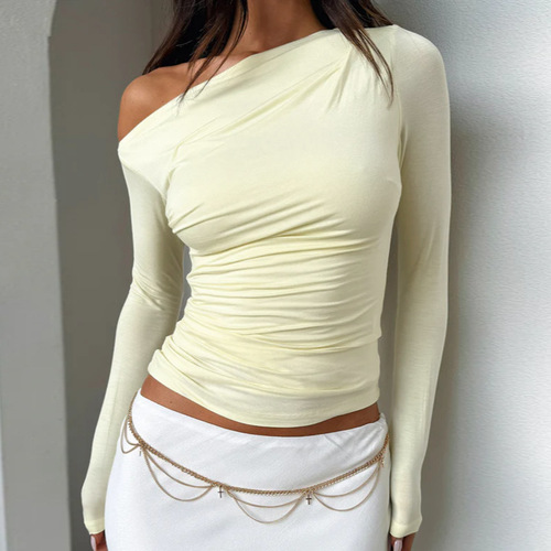 XY24338 Autumn 2024 New Women's Fashion Style, Elegant Casual, Versatile Sloping Shoulder, Slim Fit Long Sleeve Top