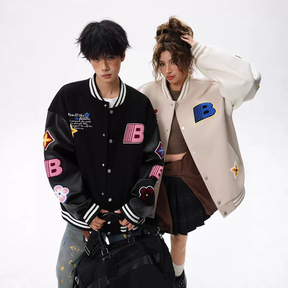 国潮新款B刺绣徽章拼接皮夹克撞色棒球服外套男女款宽松美式跨境