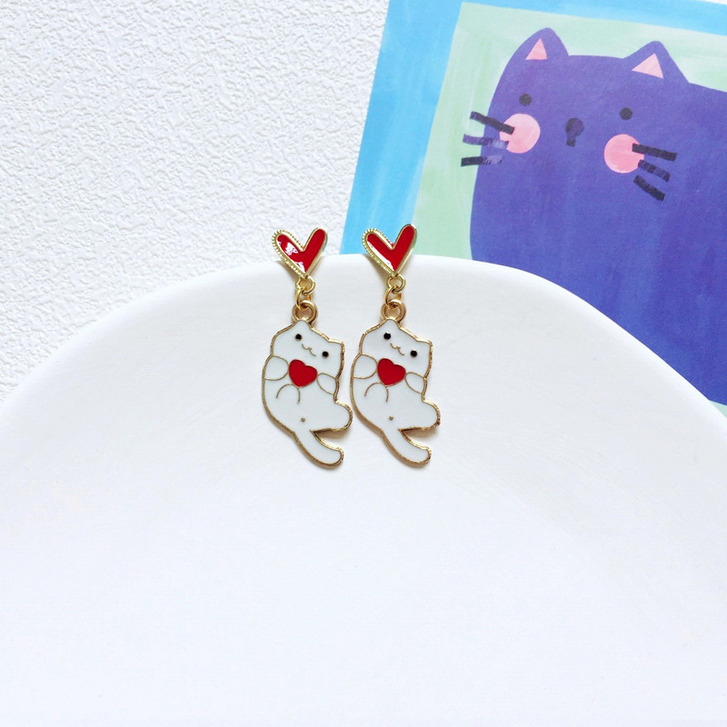9g Weight Drop Earrings Classification 1 Pair Quantity Daily Occasion Alloy Material Cat Pattern Women'S Gender Enamel Design Cute Style Cute Cat Alloy Enamel Women's Drop Earrings 1 Pair 14