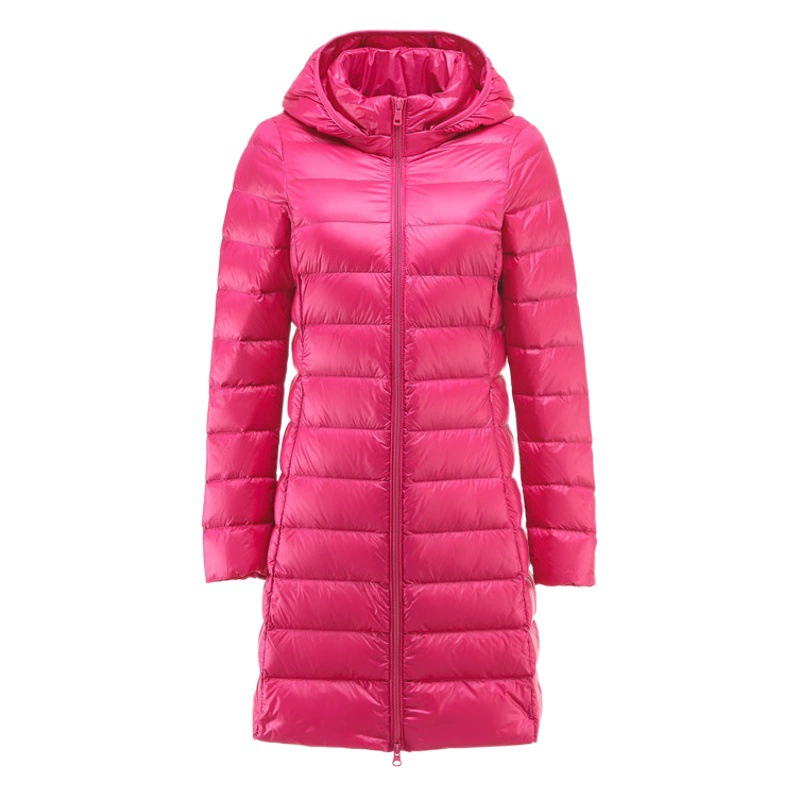 Новый легкий пуховик Cross-border 2024 для женщин, корейская версия белого утиного пуха средней длины, легкое утягивающее пальто со съемным капюшоном.