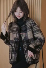 2025新款格子毛呢外套春秋款羊羔宽松牛角扣香风加绒呢子上衣
