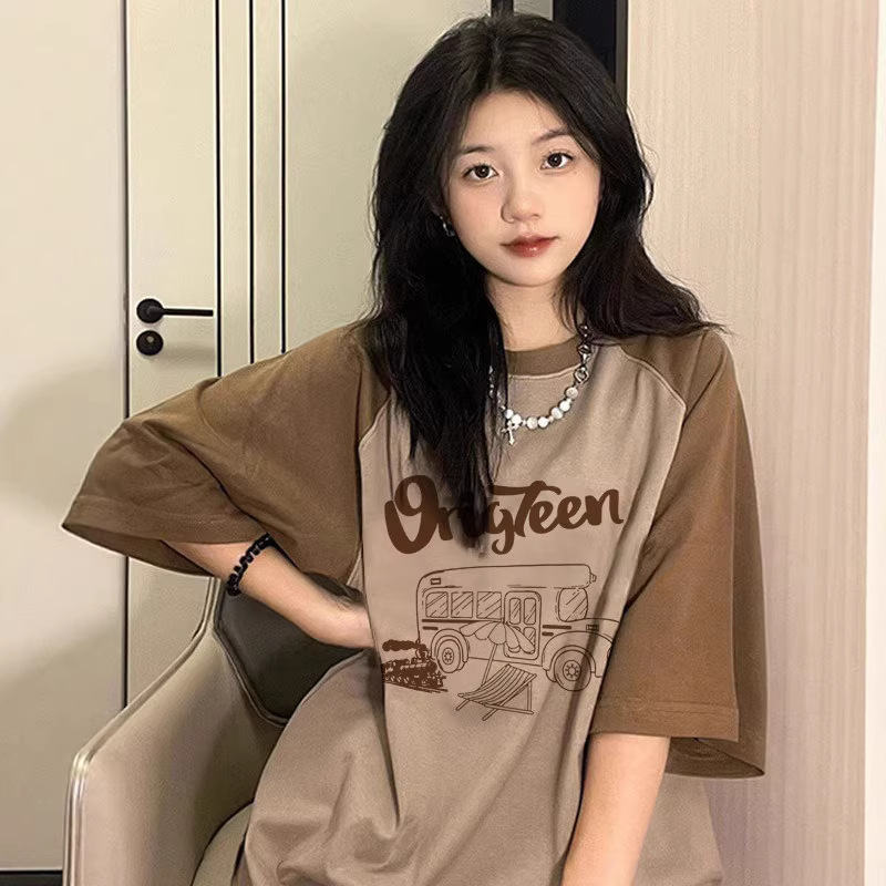 Plus Size 100kg Raglan Sleeve T-Shirt for Women, Summer Oversize American Retro Top, Pure Cotton Patchwork Short-Sleeve Tee