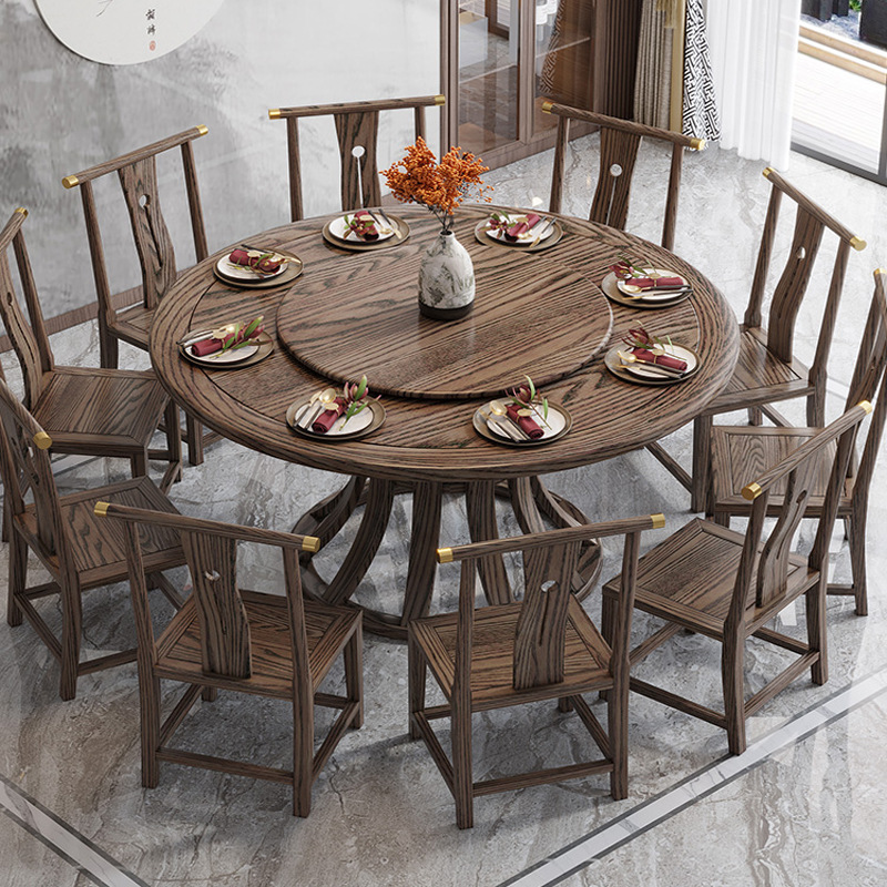Modern New Chinese Ash Wooden Household Living Room Full Set Dining Table and Chair Round Table with Turntable Full Solid Wood Dining Table and Chair Combination