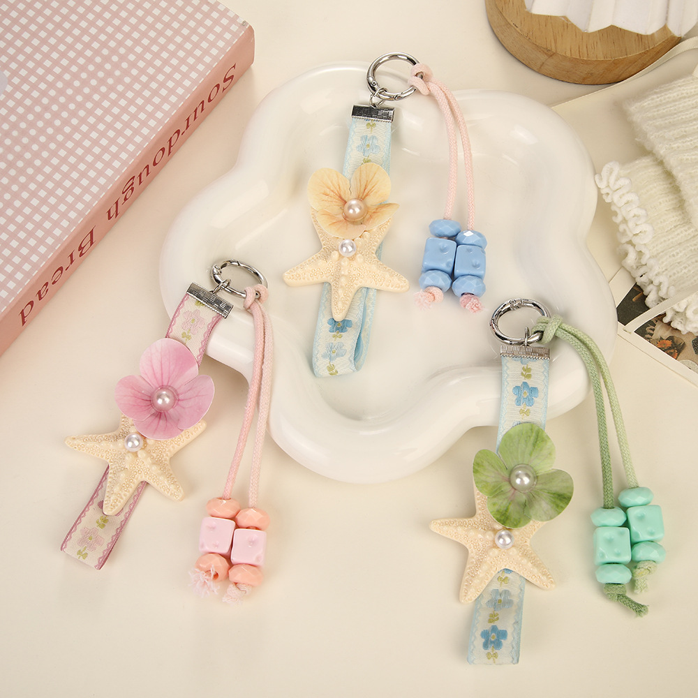 Summer Vacation Style Starfish Artificial Flower Pearl Keychain Bag Charm Fresh and Sweet Phalaenopsis Phone Chain Pendant