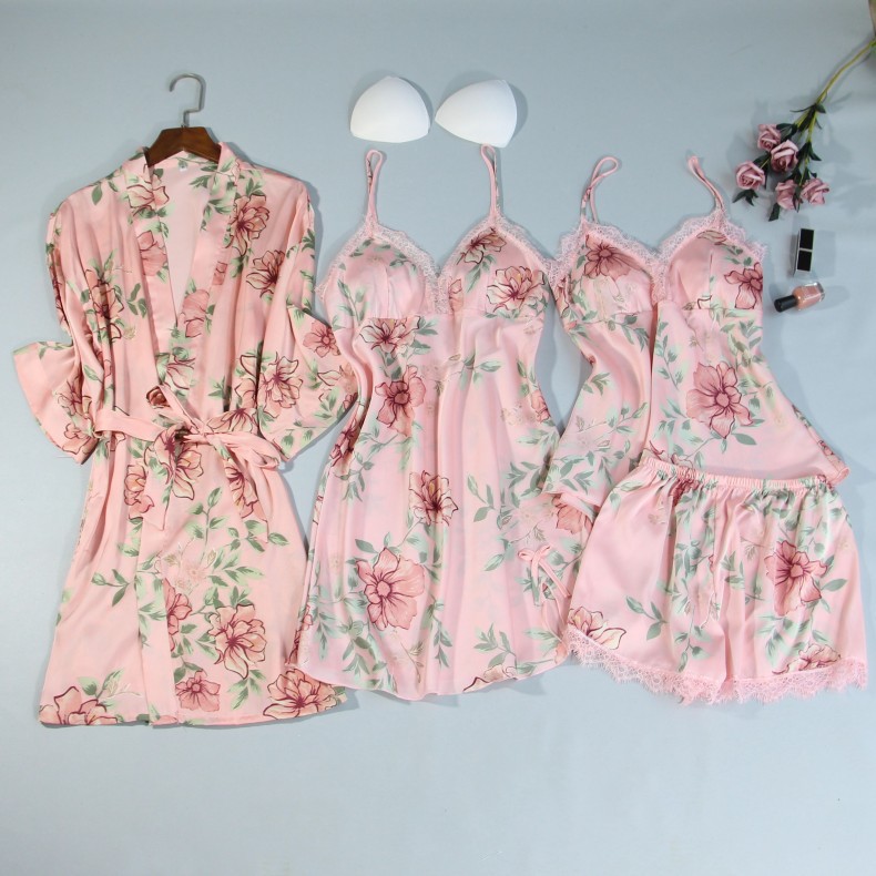 Printed Four Piece Set Of Simulated Silk Lace Transparent Fun Home Nightgown Suspender