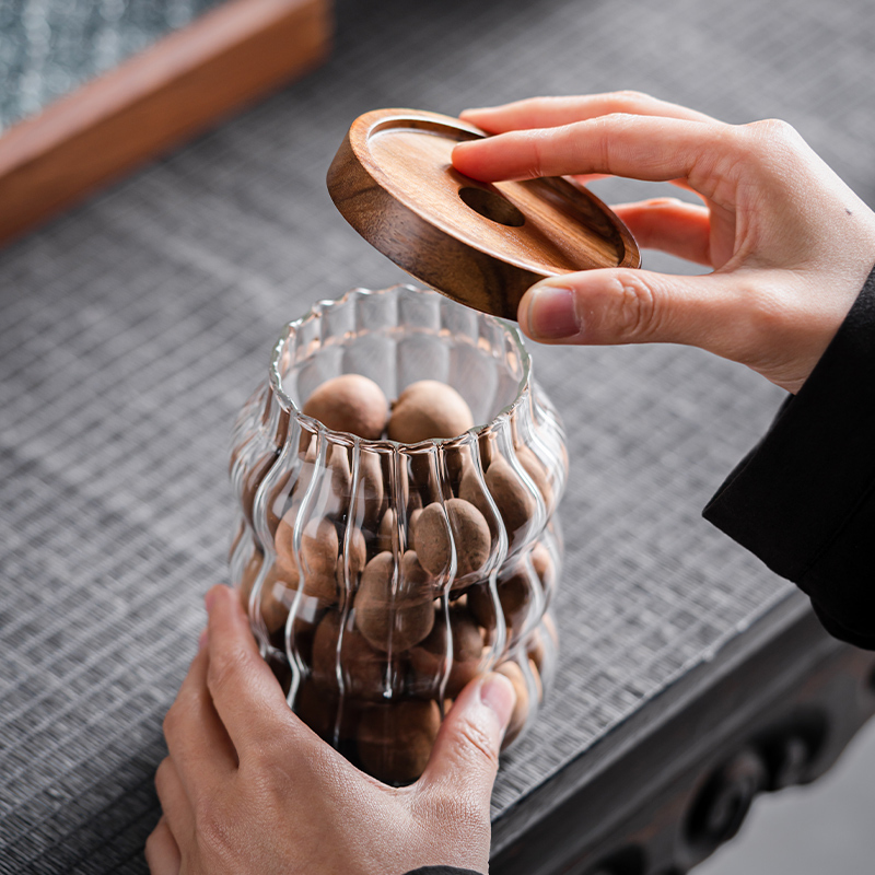 アカシアの木の蓋のガラスのお茶の缶の密封缶のお茶の缶のガラスの家庭用の大きさの茶器のナッツのお菓子の缶|undefined