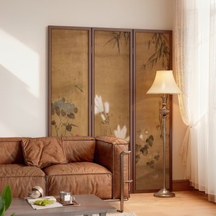 Foldable Mobile Solid Wood Screen Partition Living Room Flower and Bird Background Decoration Blocking Wall Home Entrance Tea Room Partition