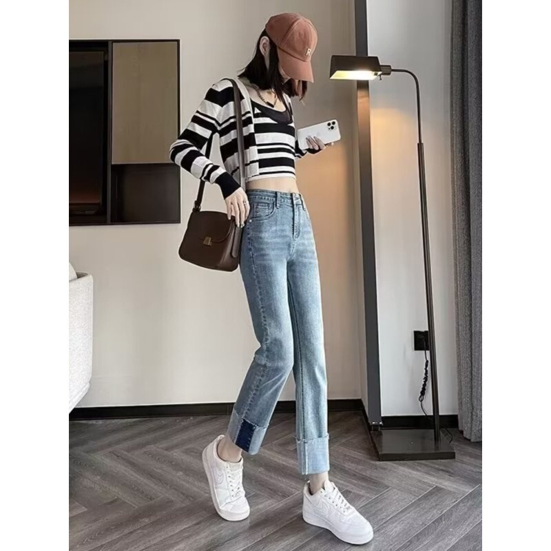 Cross-Border Rolled Hem Cigarette Pants, Women's Spring and Autumn New High-End Stretchy Plus-Size Slim Straight-Leg Pants for Petite Figures