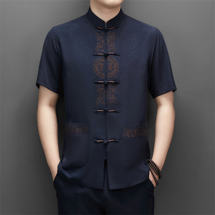 New Men's Short-sleeved Tang Summer Shirt with Vertical Collar Retro Loose Dad's Chinese Style Shirt Breathable Half Sleeve
