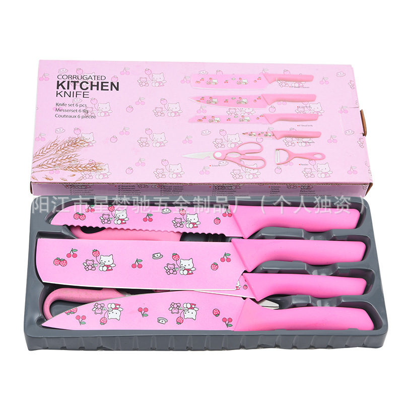 Comercio exterior venta caliente impresión de dibujos animados de acero inoxidable seis piezas conjunto de cuchillos de cocina conjunto de cuchillos de regalo conjunto de cuchillos