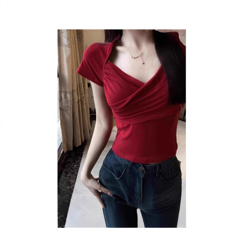 Red V-Neck Cross-Shoulder Short-Sleeved T-Shirt Women's Summer 2025 New Slim-Fit Tight Waist Chic Hot Girl Top