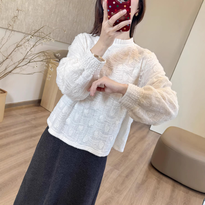 Bubble Gauze Cream Base Layer! 2026 Spring French-Style Pleated Collar Lantern Sleeve Dreamy Soft Gauze Layered Lace Blouse