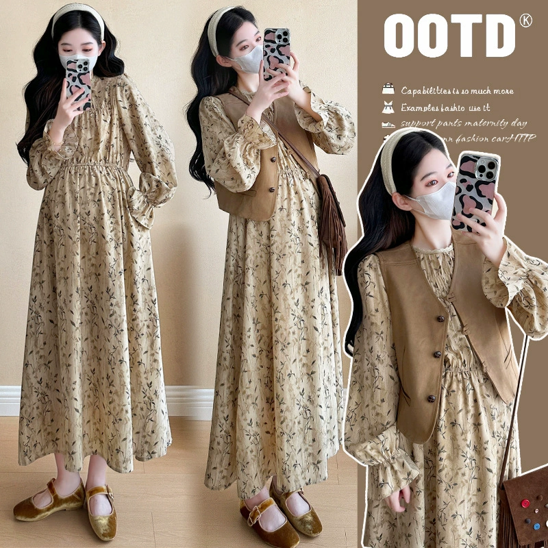 2025 весна новая мода высокого уровня темпераментного среднего и длинного цветочные платья жилет для беременных