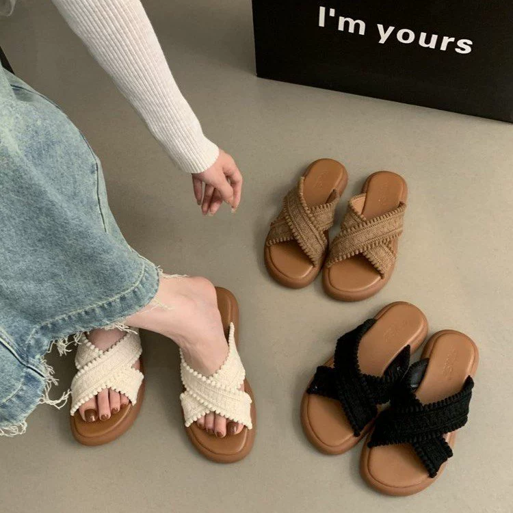 2025 новый летний ретро плетеный крест богемные студенческие римские туфли на толстой подошве