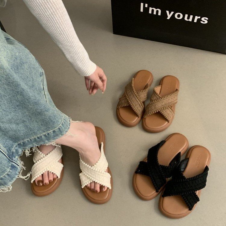 Ethnic Style Sandals 2026 New Summer Retro Woven Cross Bohemian Student Thick-Soled Roman Shoes
