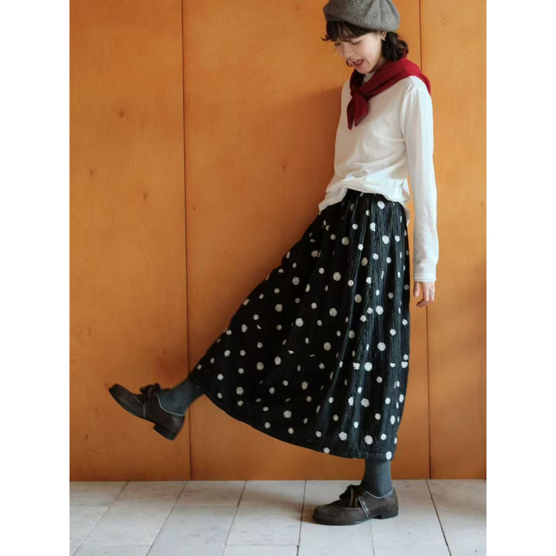 2025波点花苞半裙女秋冬新款黑色夹棉加厚棉麻A字裙