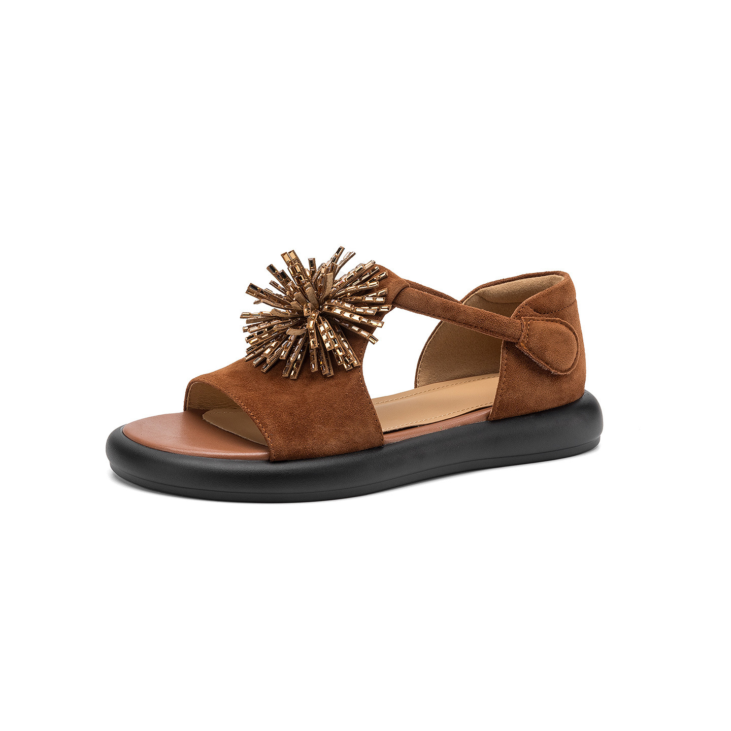 Sandal hở mũi nữ đế dày da cừu đính đá pháo hoa — màu xanh đậm chi tiết 25