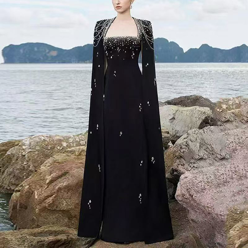 Cross-Border European and American Socialite Dance Evening Dress with Rhinestones and Beaded Cape, Shawl Sleeves, Elegant Bandage Dress Cross-Border European and American Socialite Dance Evening Dress with Rhinestones and Beaded Cape, Shawl Sleeves, Elegant Bandage Dress
