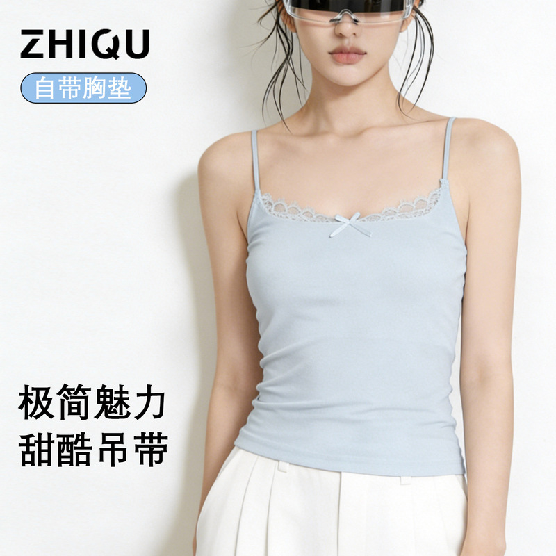 Bowknot Lace Camisole with Chest Pads for Women, New Summer Sleeveless Slim-Fit Outerwear Top