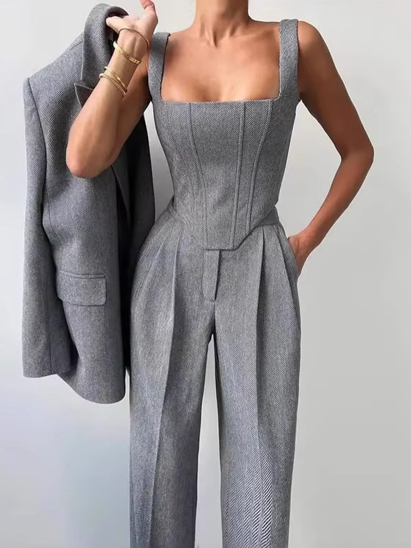 秋冬フィッシュボーンファッションウエストシェイプ万能ロングコートレディースベストパンツ3点セットスーツ長袖婦人服