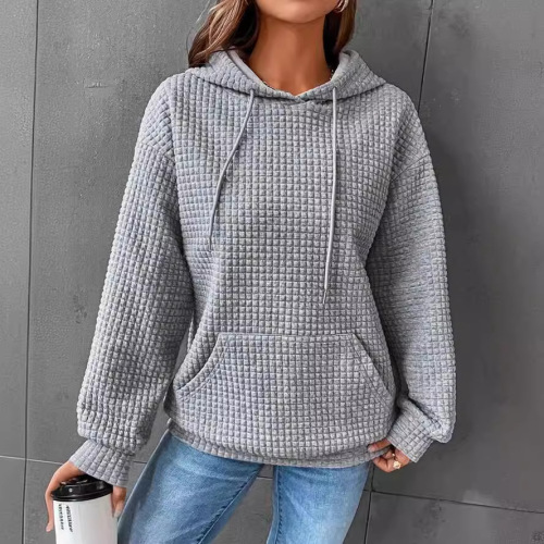 Spring European and American Women's Apparel Honeycomb Crew Neck Long Sleeve Hoodie Solid Color Top for Women