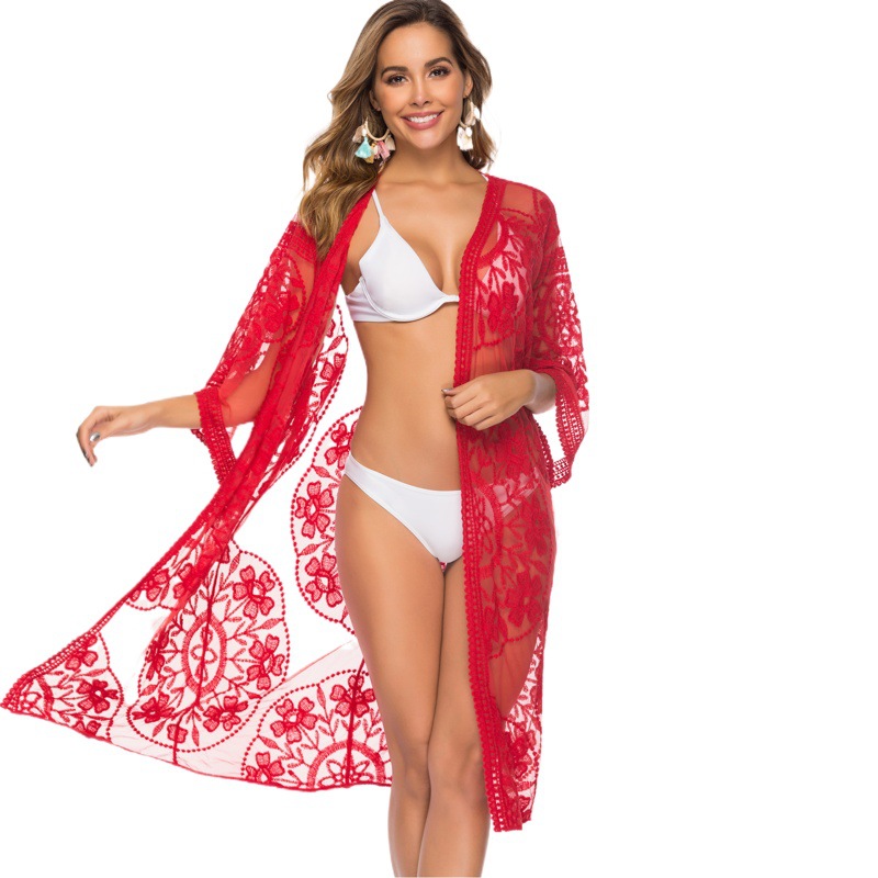 Cruz-Frontera de encaje de las mujeres bikini exterior cardigan estilo fiesta playa blusa sol protección ropa