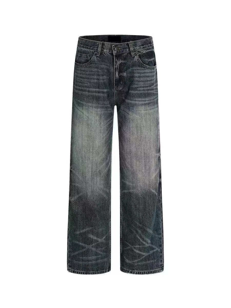 Unisex Trendy Dark Blue Straight Leg Jeans Midweight Washed Distressed Whiskered Loose Wide Leg Pants for Couples_mkmklike.com