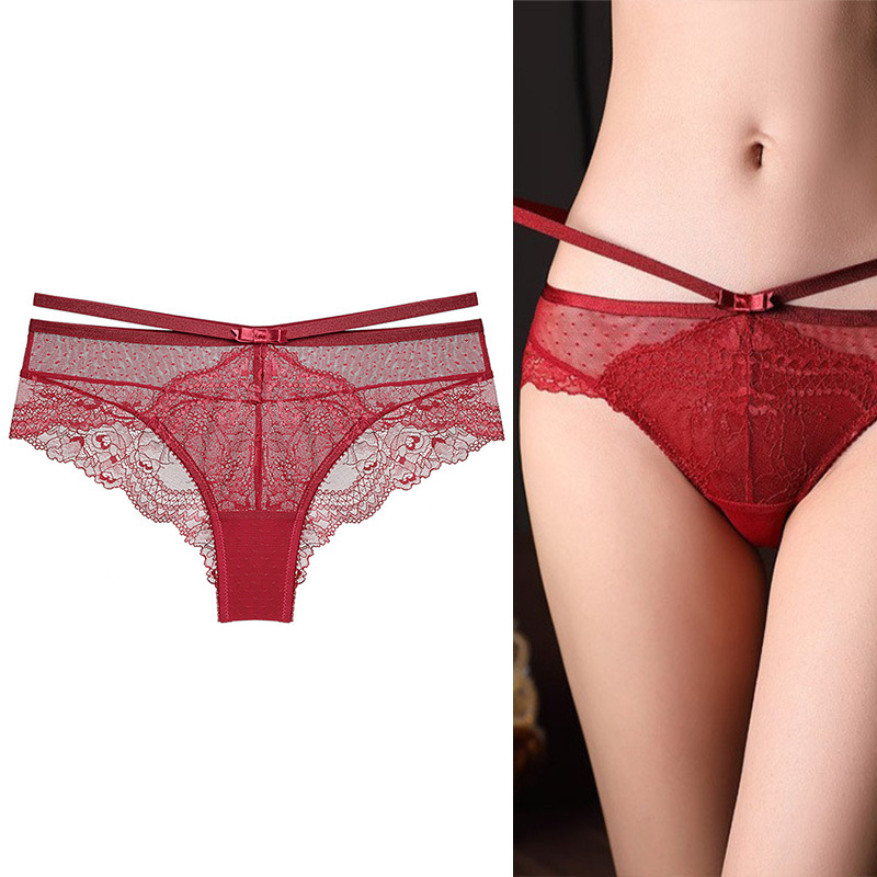 European and American Cross-Border Low-Waist Sexy Breathable Panties with Cotton Lining and Lace, Red Triangle Briefs for Women with Lift Support