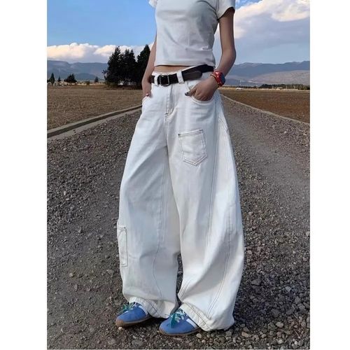 American High Street White Design Sensory Bending Knife Jeans Spring and Autumn New Loose Slimming High-Waisted Wide Leg Floor-Length Pants Trendy