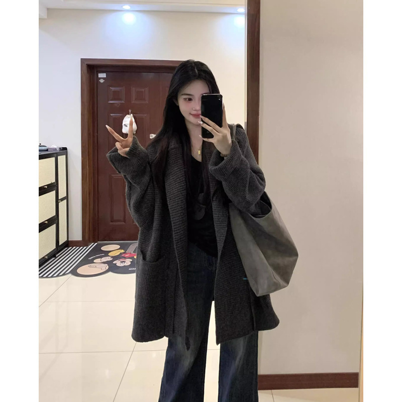 慵懒风灰色翻领连帽毛衣外套女秋冬季加厚宽松中长款针织开衫上衣|undefined