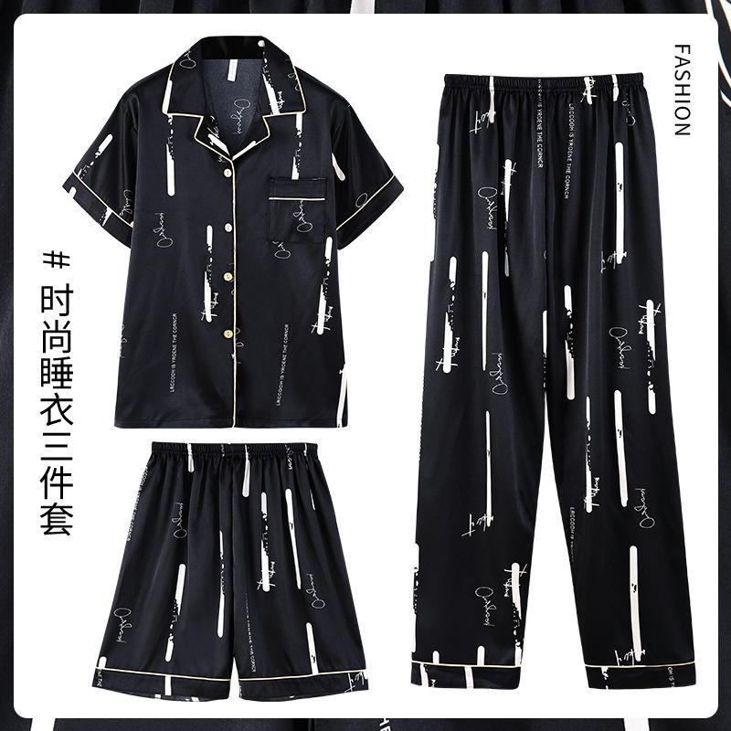 Pijamas de verano de los hombres de seda de hielo de manga corta de lujo de alta calidad de seda real se puede usar fuera de traje de tres piezas