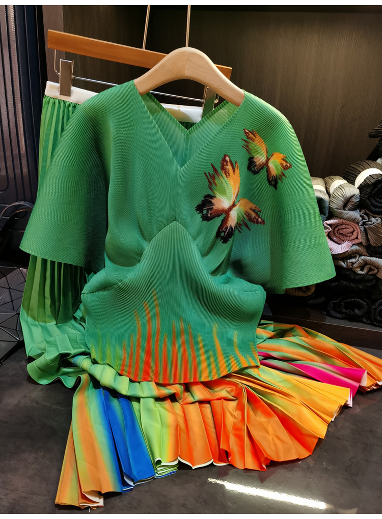 Elegant Butterfly Print Two Piece Set For Women V-Neck Short Sleeve Top & Pleated Midi Skirt Casual Mid-Calf Length Polyester_ecoleips.com