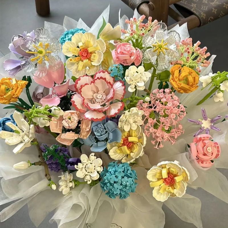 Building Block Flower 087E Creative Everlasting Bouquet Assembly Ornament Valentine's Day Teacher's Day Gift Rose Flower Set for Girls