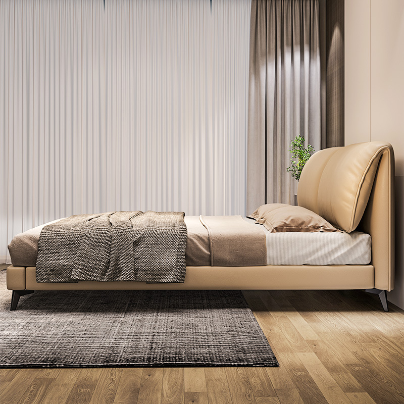 Cama de cuero genuino con cabecero de elefante de estilo minimalista italiano, cama doble moderna y sencilla de estilo crema, cama de matrimonio de lujo ligero, nuevo modelo para dormitorio principal.