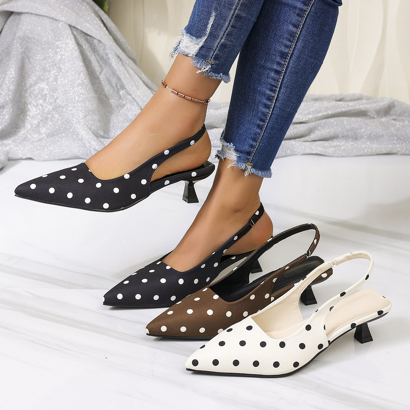 Cross-Border Foreign Trade European Size Open-Back Women's Sandals, New Summer Pointed-Toe Single Shoes, Chunky Heel Satin Polka Dot High Heels Cross-Border Foreign Trade European Size Open-Back Women's Sandals, New Summer Pointed-Toe Single Shoes, Chunky Heel Satin Polka Dot High Heels