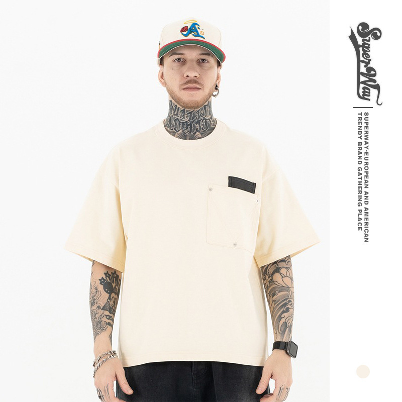 Lanhai Men's 2025 Spring and Summer bv Home New Trendy Brand Classic Triangle Embroidered Leather Pocket Decorative Short-sleeved T-shirt