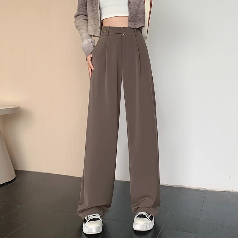 Pantalones de piernas anchas estrechas para mujeres primavera y otoño 2024 nuevo hombre pequeño cintura alta casual pantalones de traje recto de alta sensación
