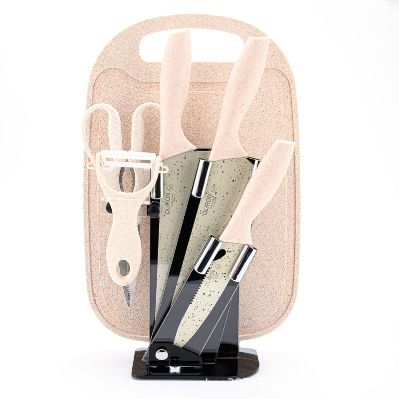 En stock palo de trigo conjunto de siete piezas de regalo de color de acero inoxidable hogar cuchillo conjunto traje cuchillo suplemento de alimentos para bebés tabla de cortar