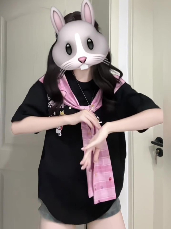 美式条纹字母印花短袖拼接格子披肩假两件T恤男女2025夏季上衣ins|undefined