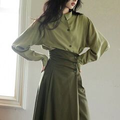 法式绿色不对称领复古套装女2025秋季新款感衬衫半身裙潮纯色
