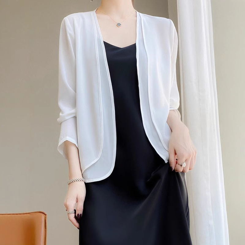 Sunscreen Cardigan Women's Thin Dress with Suspender Overshirt Summer Style Micro-transparent Chiffon Small Waistle Shawl Top