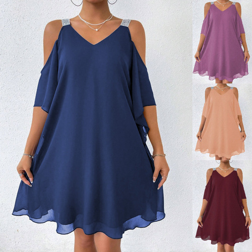 1688 Summer Women's Off-the-Shoulder Chiffon Solid Color V-Neck Elegant European and American Dress