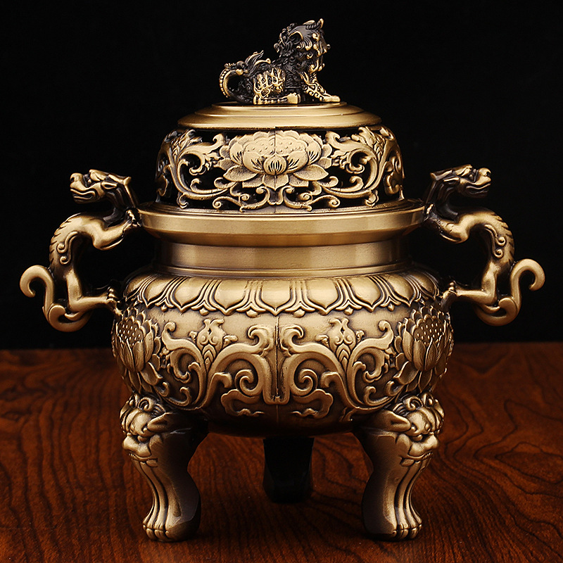 앤틱 사자 두 마리 용 진주로 놀고 있는 향로 동물 귀 녹색 향로 사무실 노점 놀이 장식품 순수 구리 아로마테라피 버너