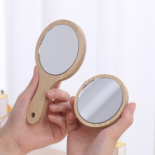纹绣美容院专用化妆手柄镜子手工制作大号复古木质便捷手持梳妆镜