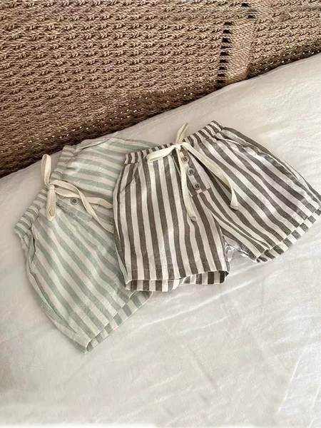 2026 Spring/Summer Korean Style Boys' Striped Shorts Cute Buttoned Baby Casual Pants Loose Breathable Linen Cotton Pants