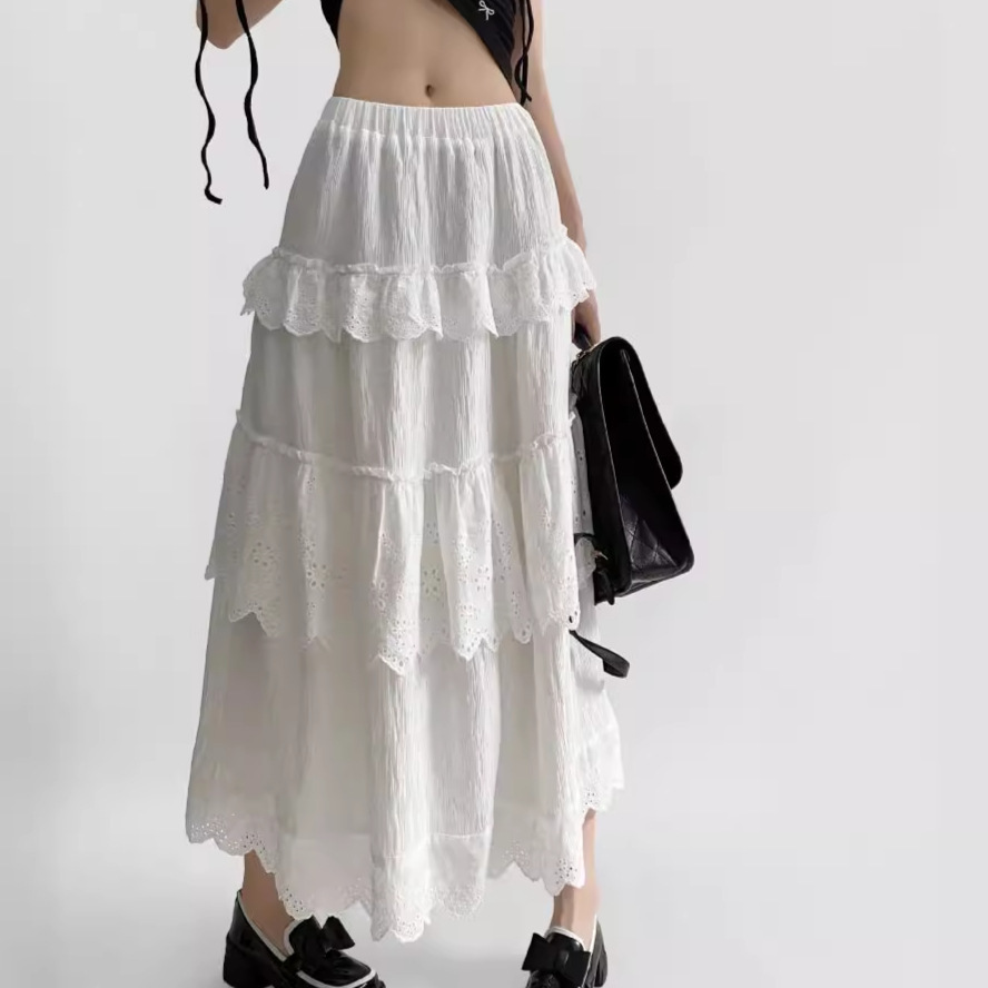 White summer lace pleated skirt