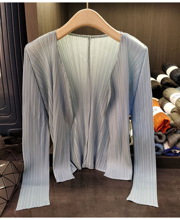 Áo cardigan nữ tay dài xếp ly không cài khuy, phong cách đơn giản cao cấp mùa xuân hè — Màu xanh lam nhạt, Màu đen, Xanh Lông Công, Màu hồng chi tiết 15