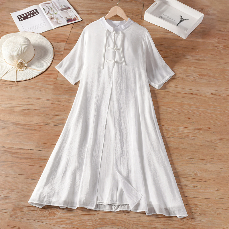 Tie-dyed Chinese style retro button pure white dress women's half sleeve temperament cotton silk Chinese dress wholesale Tie-dyed Chinese style retro button pure white dress women's half sleeve temperament cotton silk Chinese dress wholesale