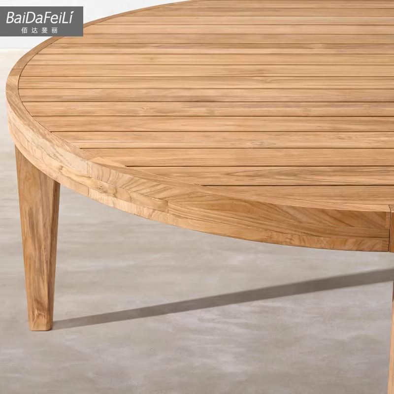 Mesa al aire libre sillas patio terraza villa impermeable al sol mesa larga de teca al aire libre jardín anticorrosivo mesa redonda de madera maciza